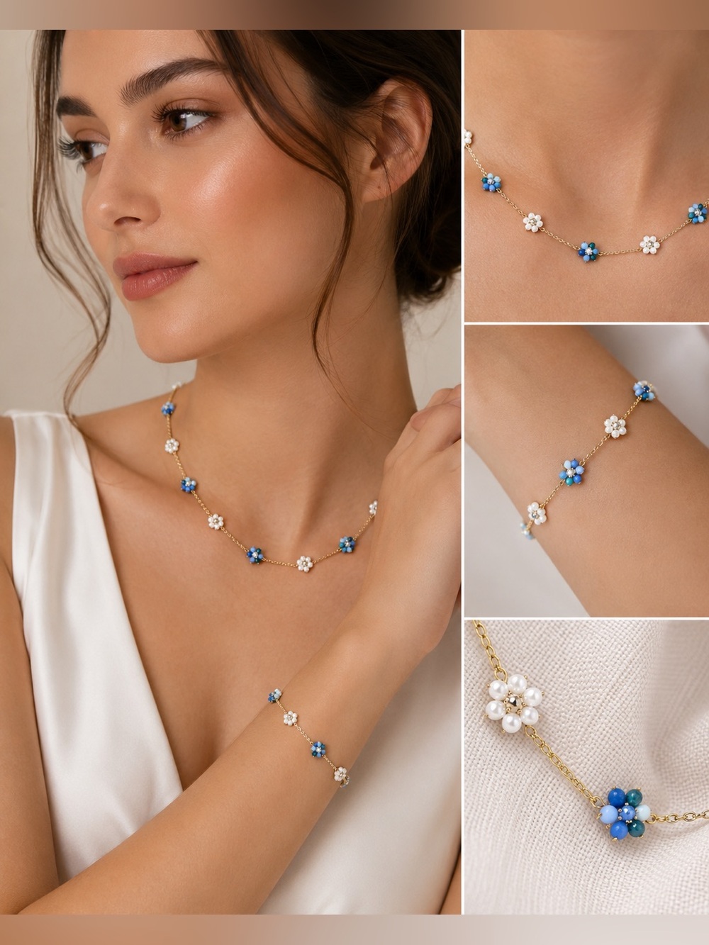 Stainless steel Gold and Blue Floral Necklace Set